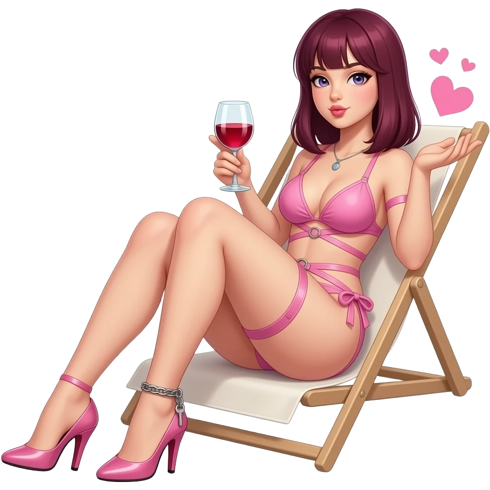 woman. burgundy, straight shoulder-length hair, sitting, sunbathing. baby pink bondage style bikini. very high fetish stiletto heels. Ankle chain with small key attached. glass of red wine in one hand. blowing kiss and pink hearts with other hand emoji