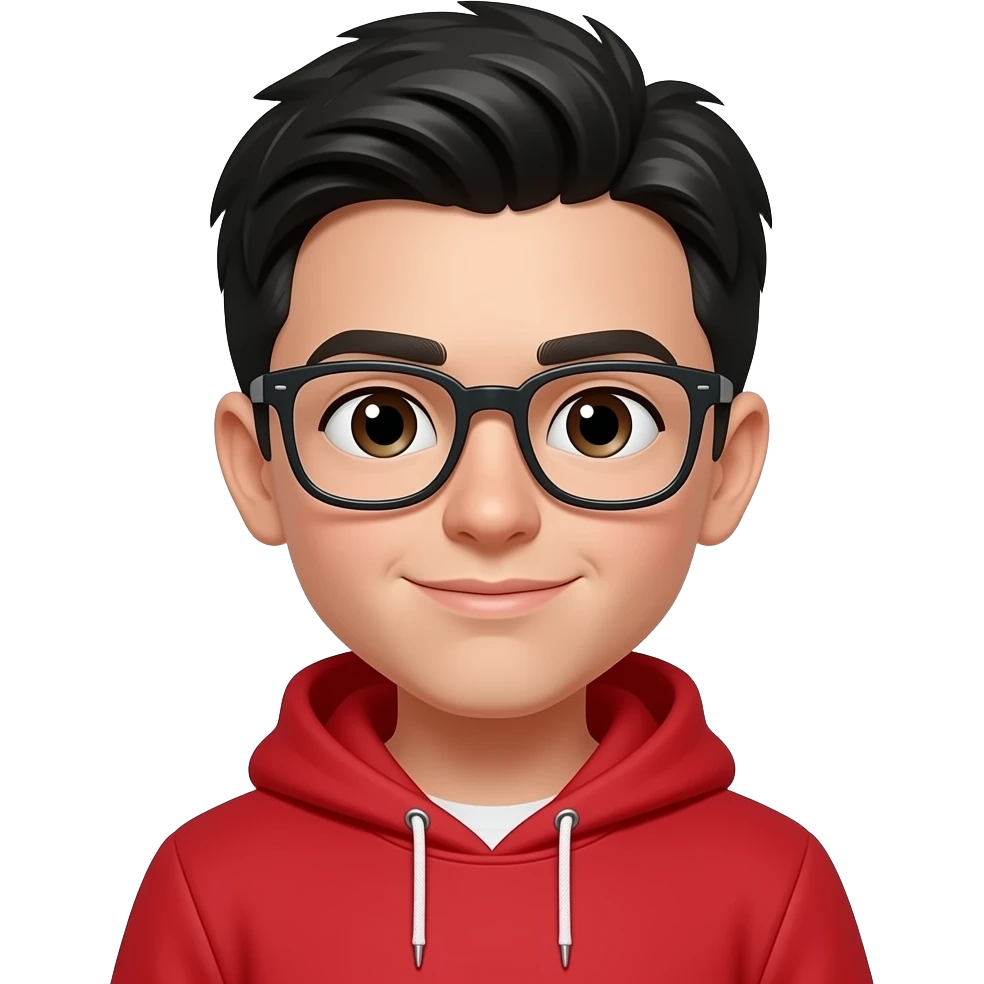 14 jahre Mittel scheitel Schwarz haariger junge mit brille mit ein roter Hoodie emoji