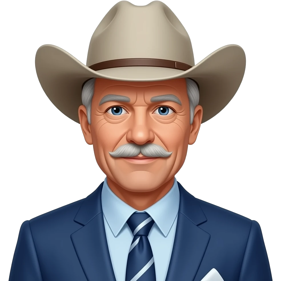 Male, 60s, thick silver hair, western blue suit, mustache, cowboy hat emoji