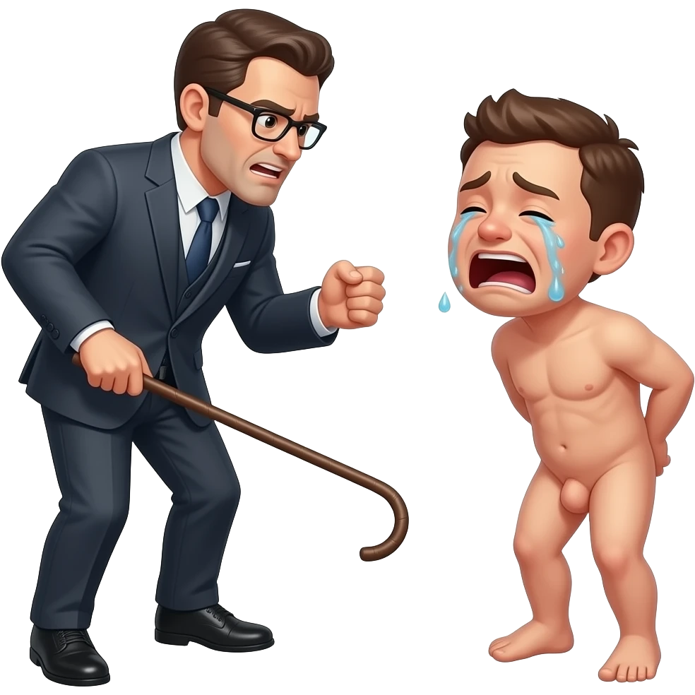 A serious clothed man with a thin whippy cane  threatening a loudly crying small naked man, who is clutching his bottom behind him, and a small penis, facing each other with full bodies shown n emoji