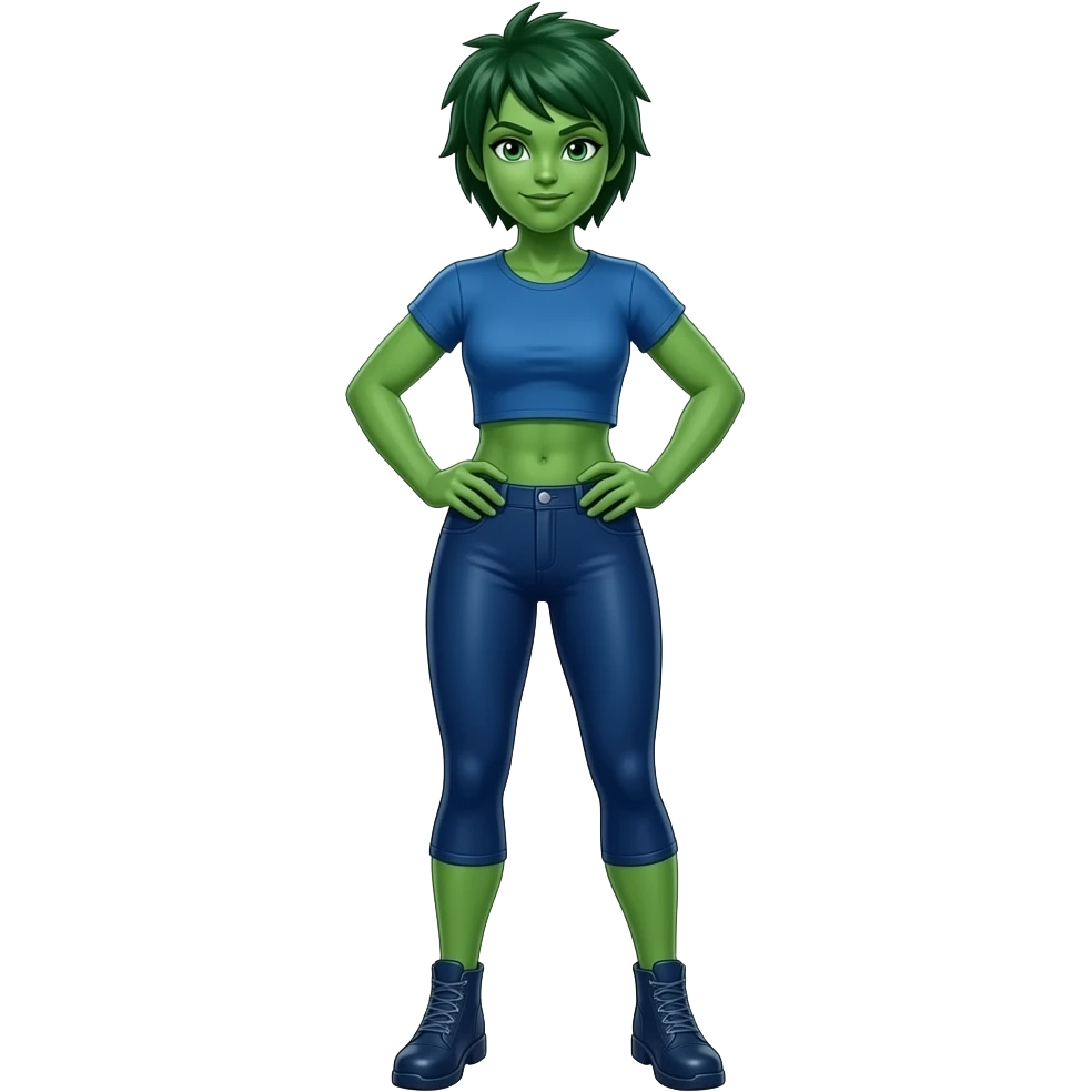 Full body Female shehulk wearing blue outfit tshirt and tights with pixie mohawk hair emoji