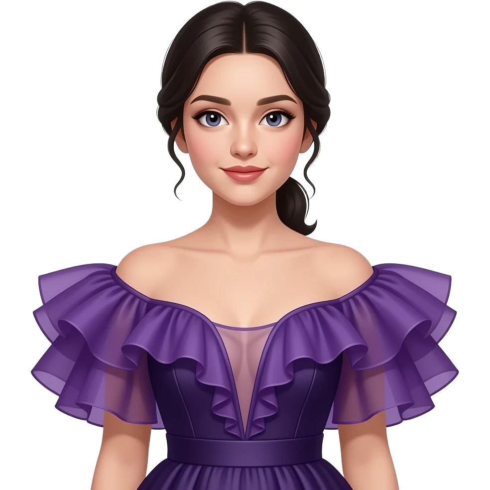 A fashion illustration of a young woman with dark hair pulled back, wearing a dramatic lavender ruffled gown with a sheer bodice and a dark skirt. emoji
