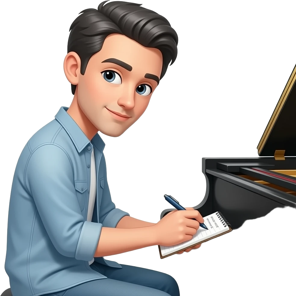 a tall skinny man with dark grey hair writing song in front of a piano, in casual outfit emoji