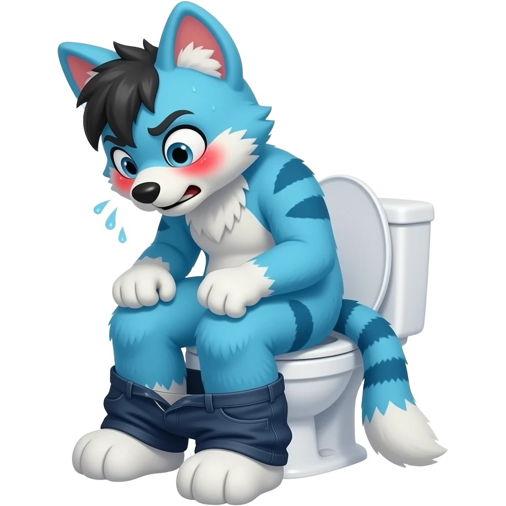 blue fursuit sitting on toilet, side view, pants down, straining face, red blushing face, sweating, pain, pushing, both fits emoji
