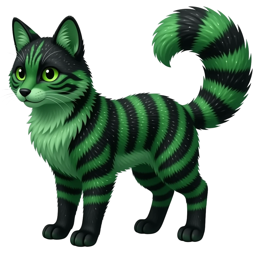 Hyper-realistic forest-hunger-green-emerald-green-onyx-black-gradient velvet fur soaked in stardust glitter sparkles, striped tail, striped back, tufted ears, tufted legs emoji