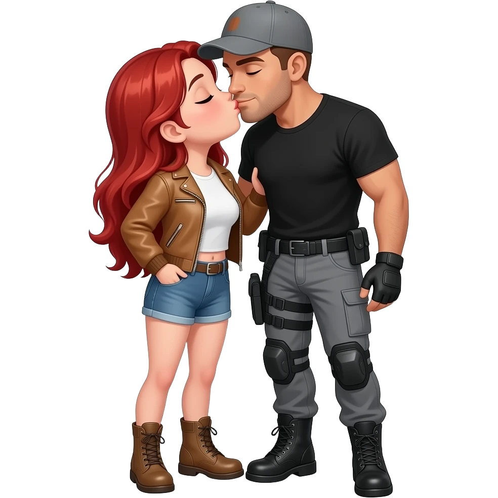 Short petite girl with big boobs and long fire engine red hair, wearing jean shorts, leather work boots, white t shirt and a tan jacket Kissing a tall man with tan skin wearing a gray baseball hat, grey pants, a black t shirt and black tactical boots emoji