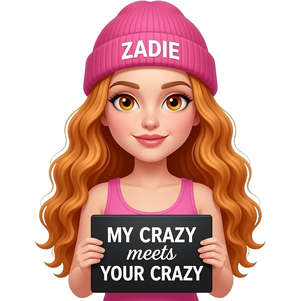 sexy girl with overlong wavy ginger hair and ginger eyes wearing a pink tanktop and a pink beanie with ZADIE written on it, is holding a black sign with MY CRAZY meets YOUR CRAZY written on it emoji