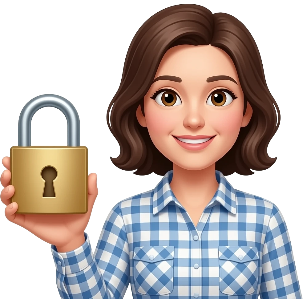 woman holding big lock in hand closeup , checked shirt emoji