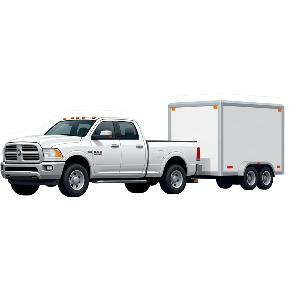 ​Sticker style, vector art of a white RAM 3500 dually truck towing a plain white enclosed trailer with no text on it, clean lines, white background border emoji