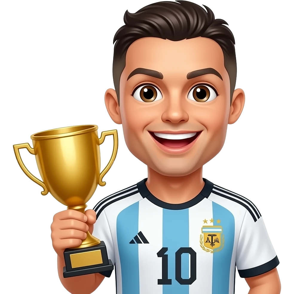 Cute 3D Ronaldo emoji wearing Argentina jersey, holding 1 golden trophy, cheerful expression, 3D emoji art style emoji