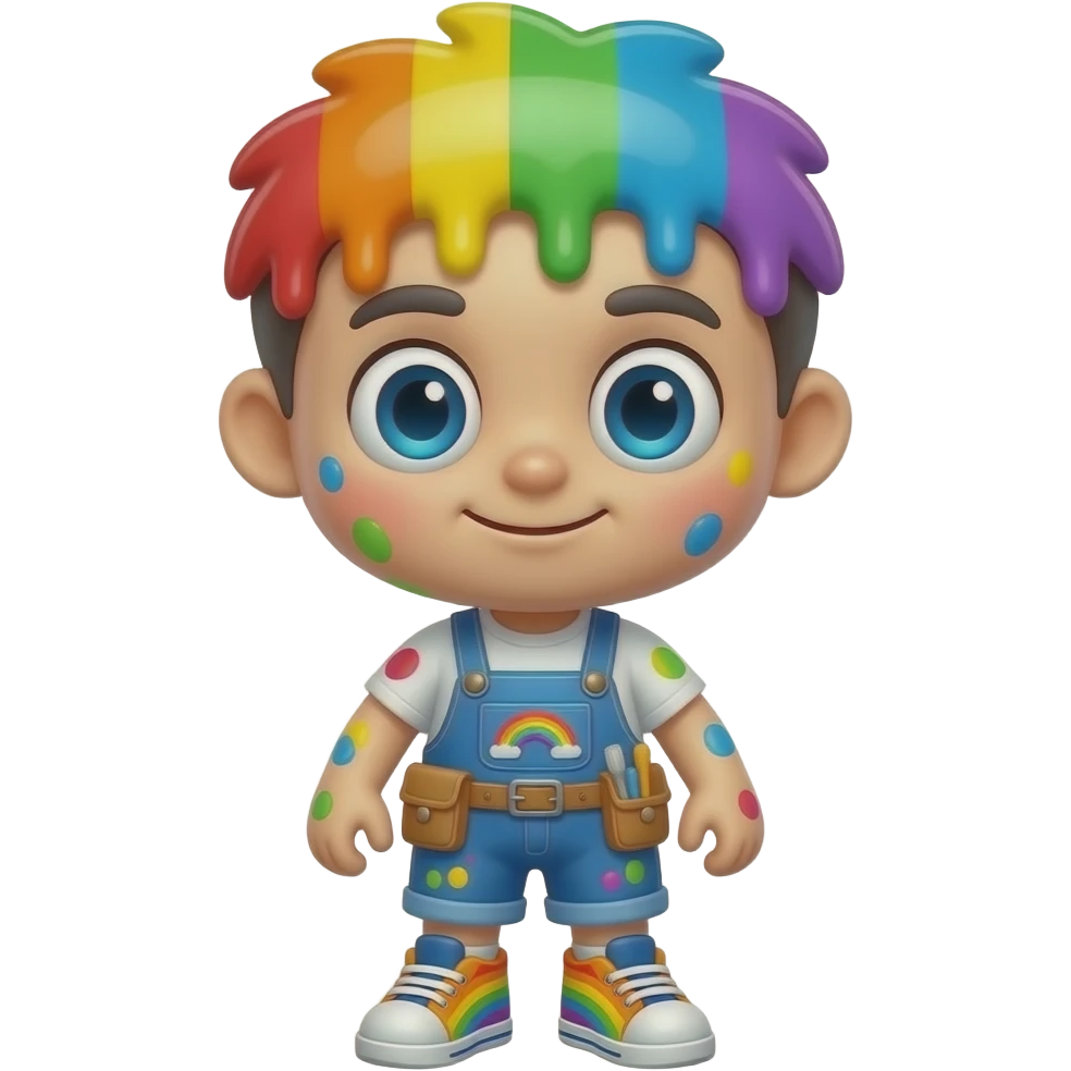 Rainbow paint mascot, full body, oversized head and tiny body, glossy rainbow paint skin, bright sky blue eyes, dripping colorful hairstyle, painter overalls, utility belt, colorful work sneakers, emoji style rainbow, skin tone. emoji