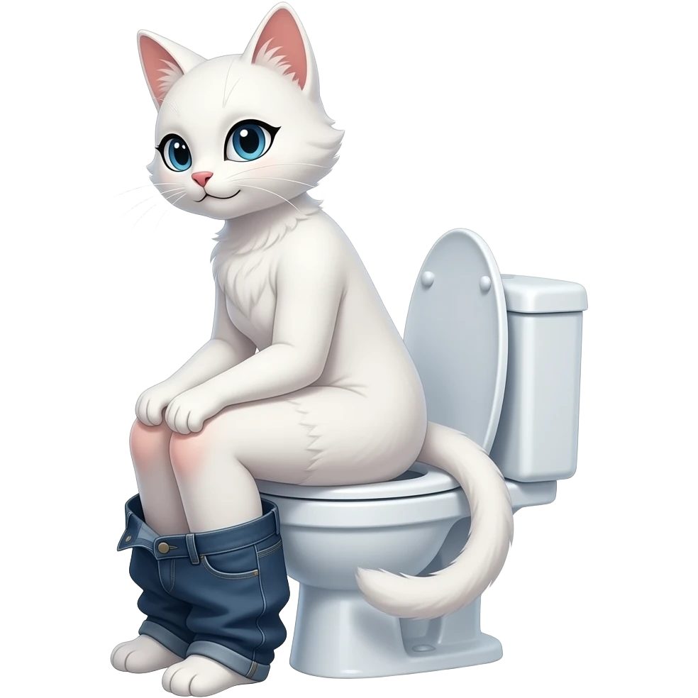 Female white cat furry person,sit on toilet,pants down,fursona,side view emoji