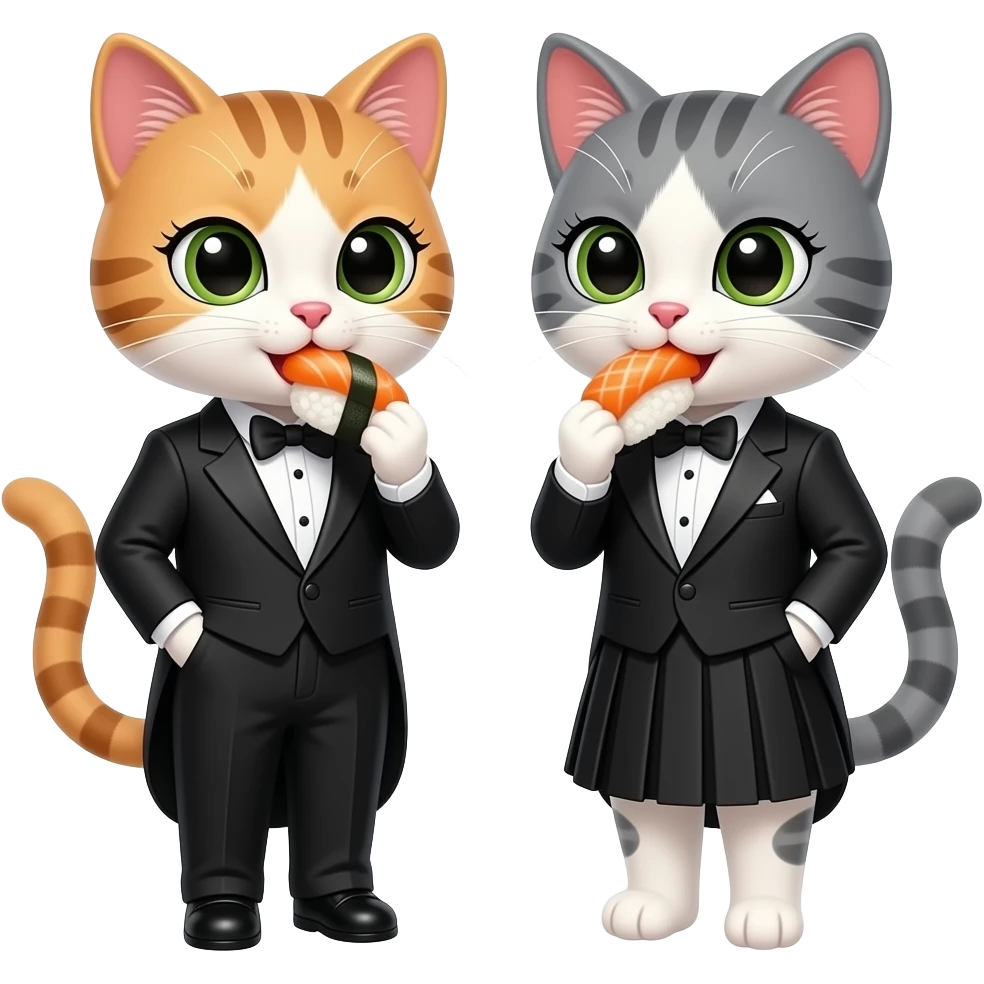 two pretty girl cats with eyelashes dressed in tuxedos eating sushi ...