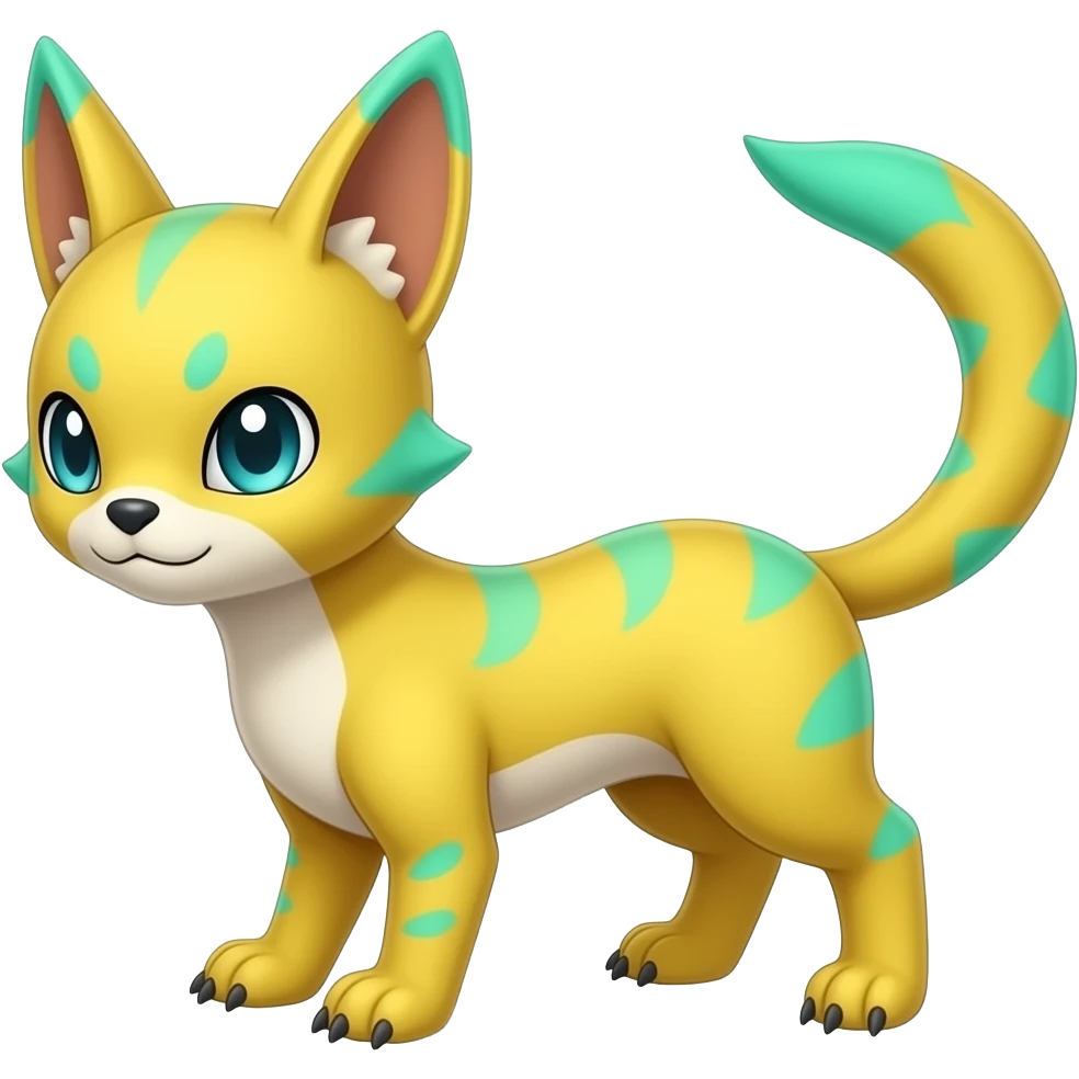 Yellow Renamon-Zeraora-Genet-Civet-caracal-Fennekin-Manectric-Vaporeon-Fakémon-hybrid with glowing neon cyan markings emoji