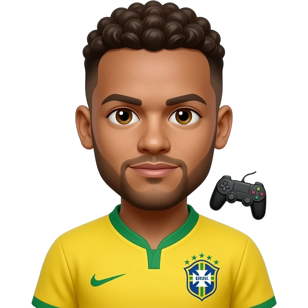 Neymar emoji avatar, Brazil jersey, cute cartoon style. One small identical black gamepad floating under the mouth on the chin. emoji