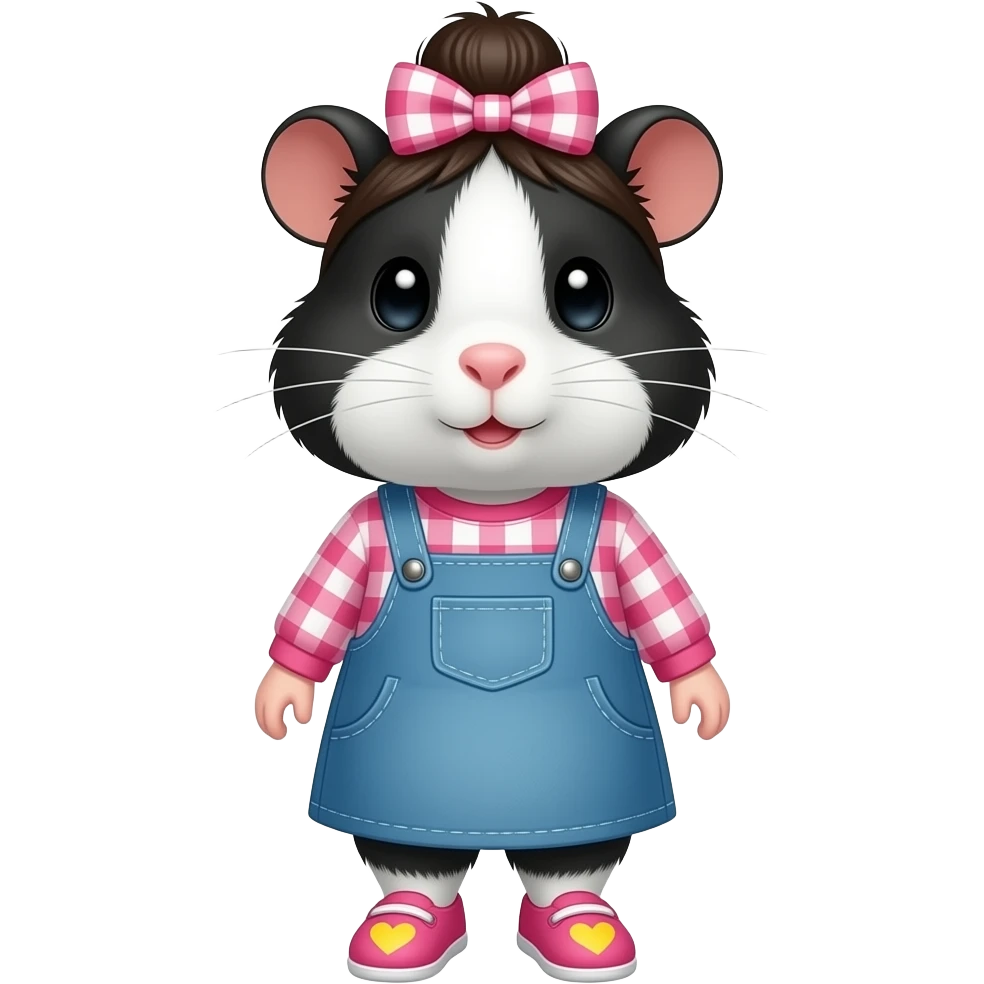 black and white guinea pig with pink long sleeve gingham shirt, jean dress, pink shoes with yellow hearts and a pink gingham bow in hair emoji