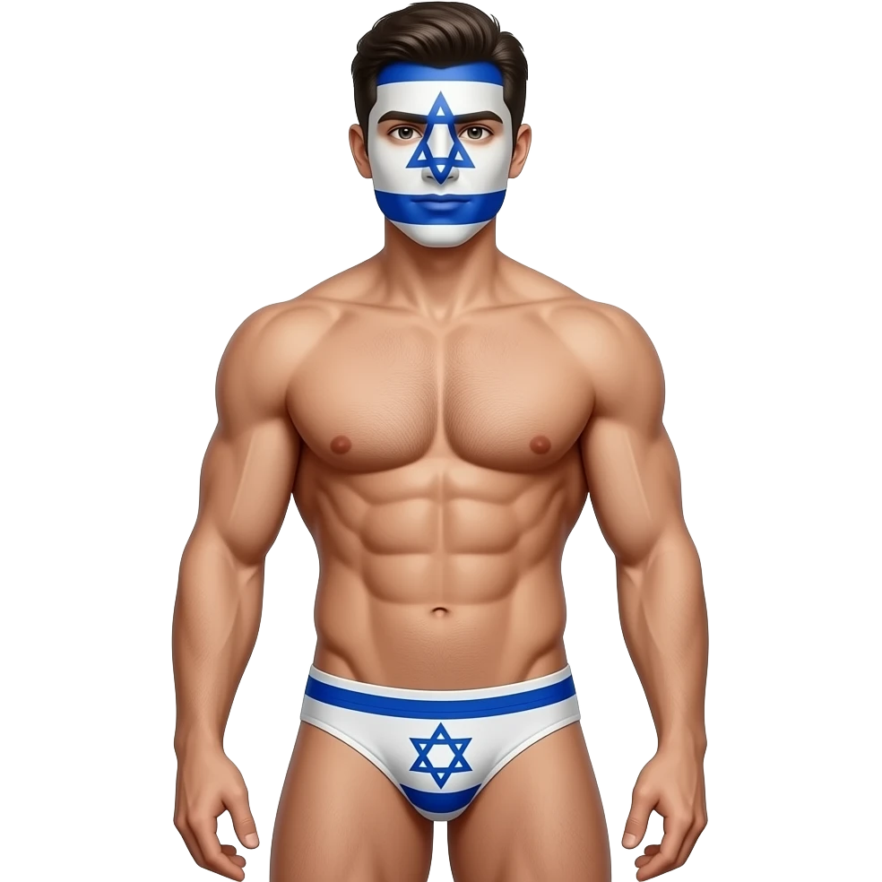 upper body (thighs-up) male figure with israeli face, hair, and body standing with muscular build in thin, narrow thong with israel flag theme emoji