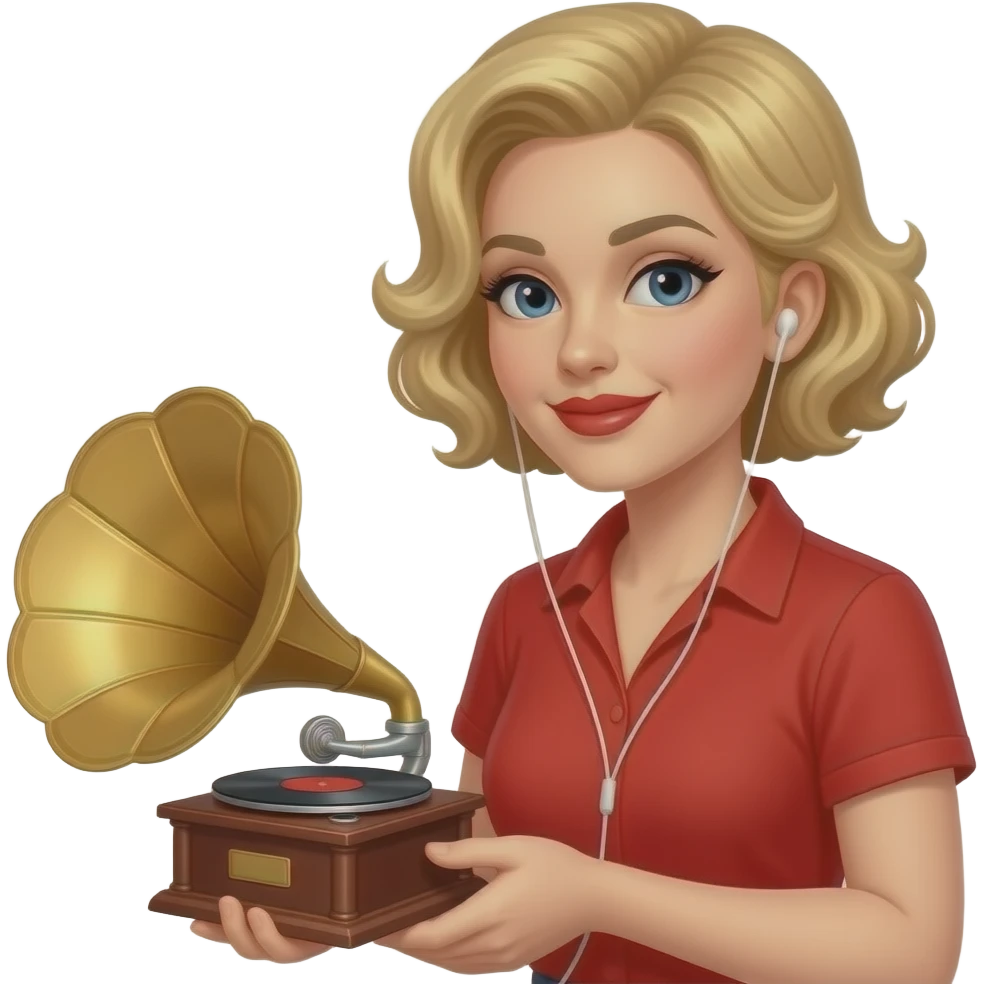 above neck Short blonde curly hair holding a phonograp listening to music in a red short sleeve shirt, red lipstick, black eyebrows emoji
