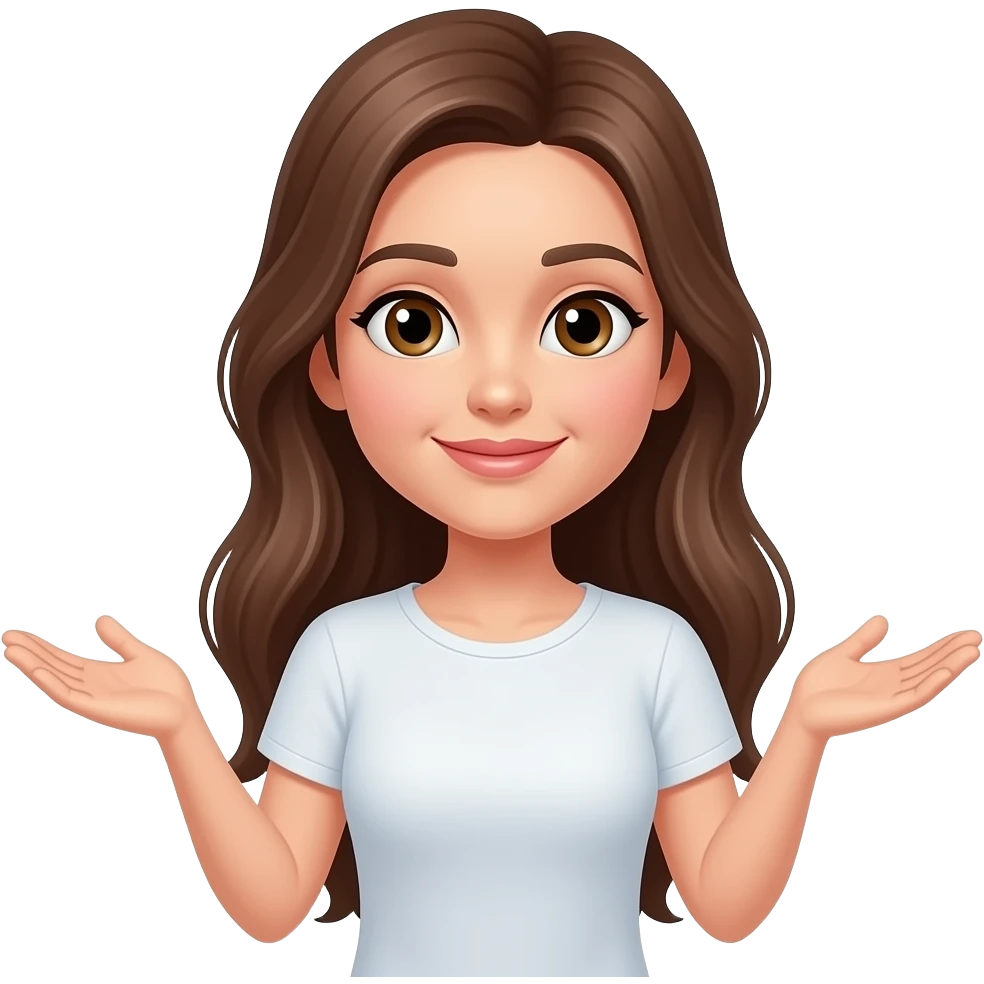Female, light colored skin, long brown hair and brown eyes, with hands out to side in a typical What? emoji