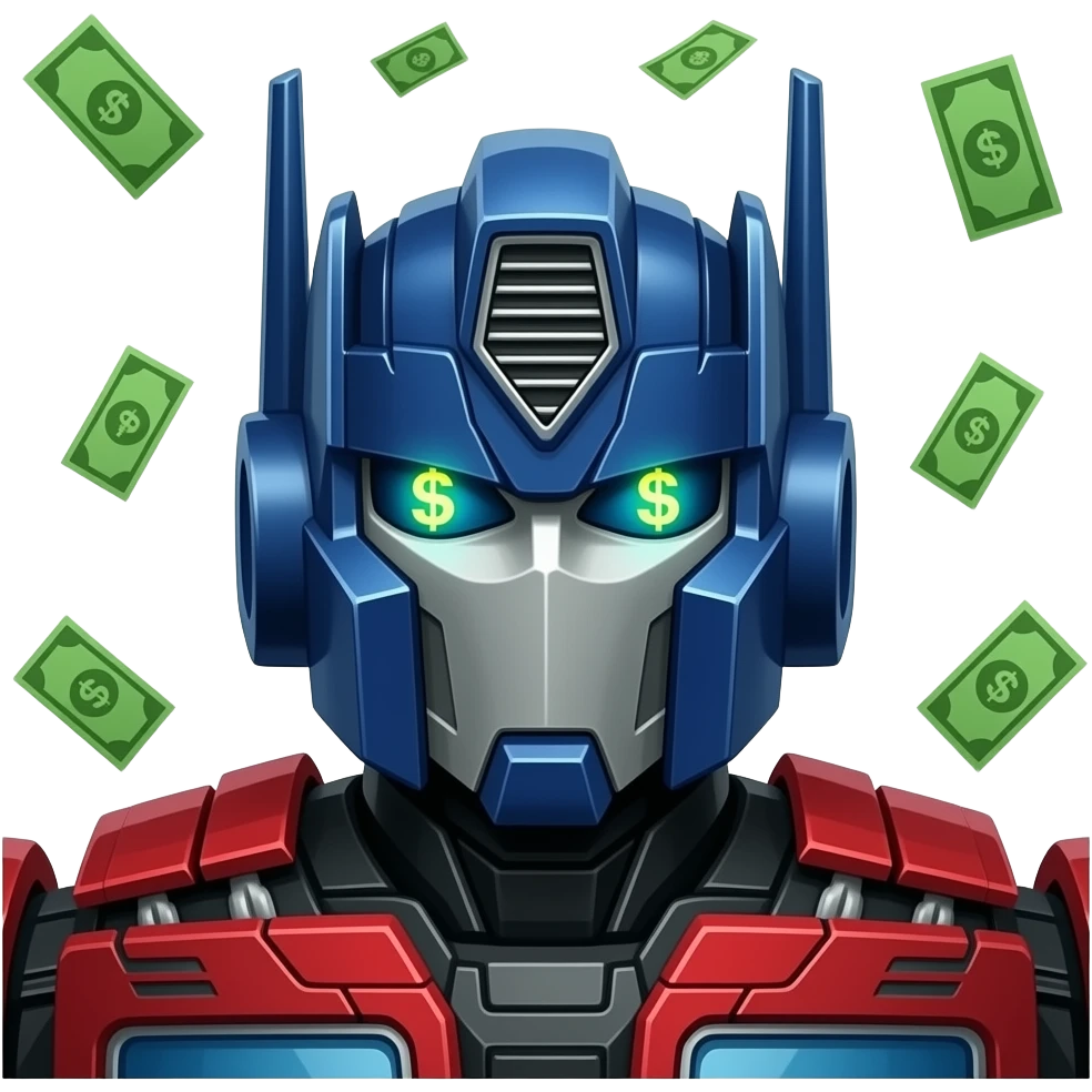 Optimus Prime on Cybertron, dollar signs in his eyes, Green dollars and cash dollars green floating around, hyper-detailed, 8k. emoji