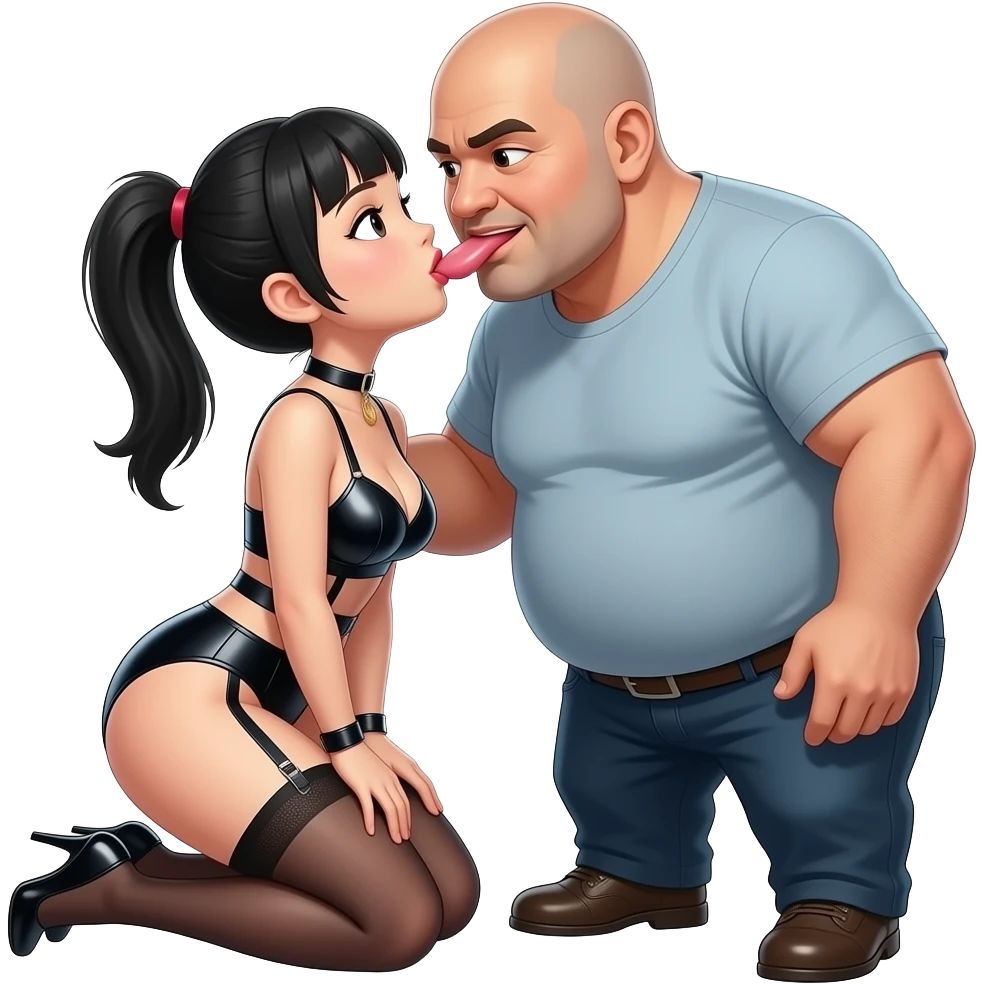 A curvy chinese girl on her knees in bdsm outfit giving a blowjob to her fat bald master emoji
