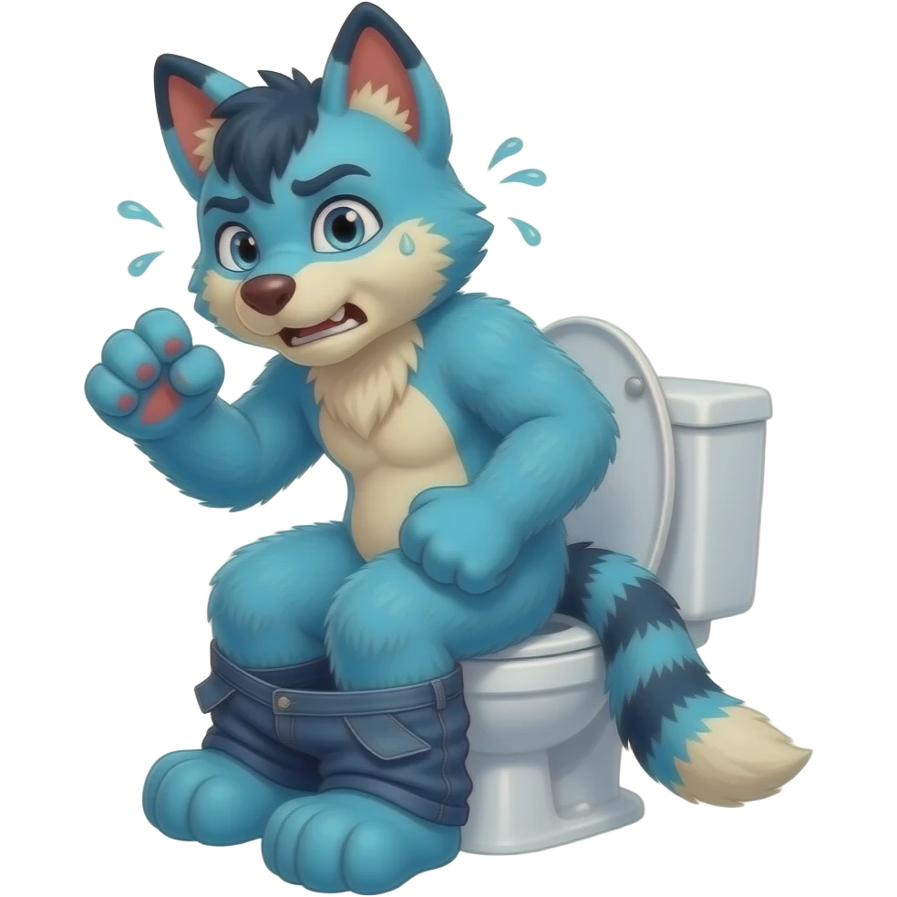 blue fursuit sitting on toilet, side view , pants down, pushing, straining face,  uncomfortable, both fists, sweating, red face emoji