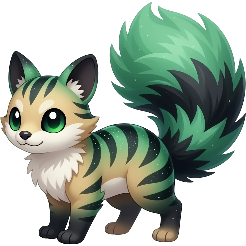 Hyper realistic forest-hunger-green-emerald-green-onyx-black-gradient velvet fur soaked in starlight glitter and shadow gradients beautiful elegant pretty precious cute Fakémon-Pokémon-opossum-feline-serval-caracal-chinchilla-Furret-Minccino-hybrid-creature with a big fluffy bushy tail (full body) emoji