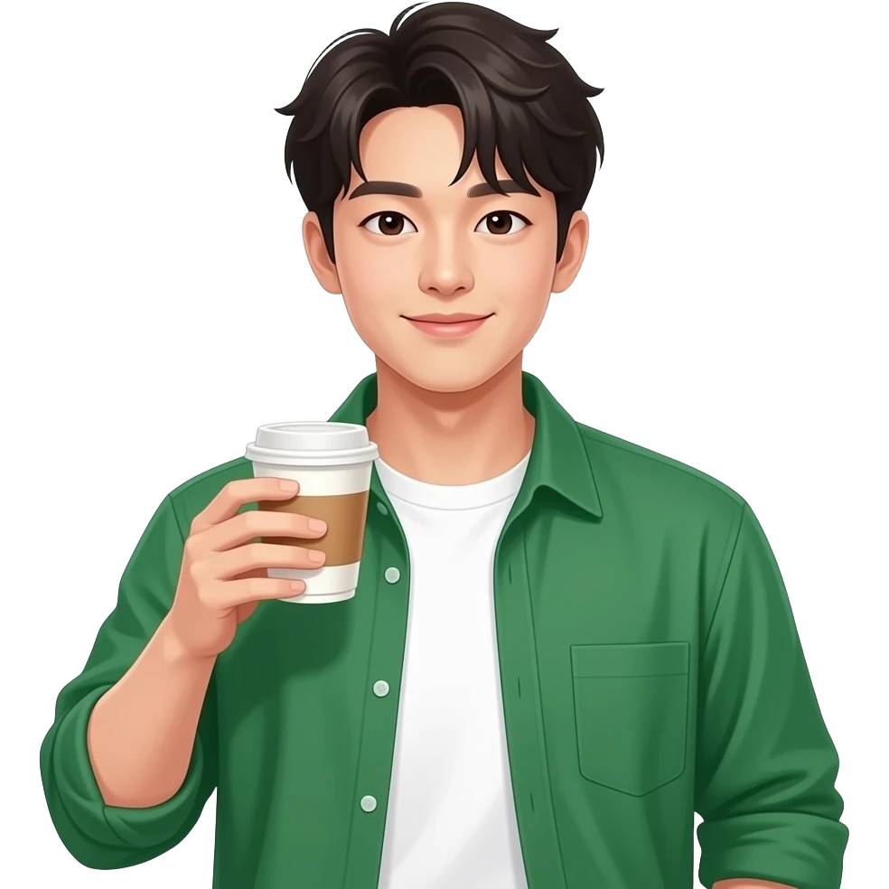 korean-young-man-+-white-t-shirt,- green-shirt +a latte in one hand emoji