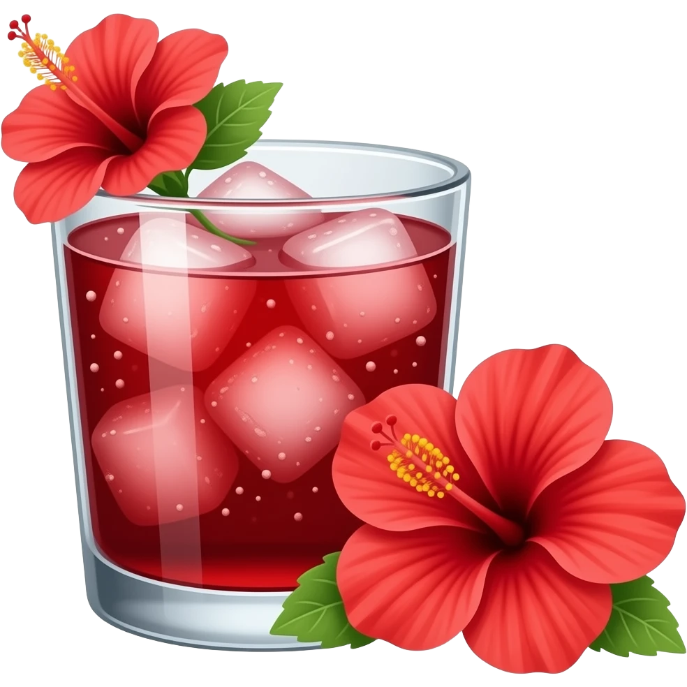 jus de bissap fleur d'hibiscus avec des carré de glaçons et une fleur d'hibiscus sur le côté emoji