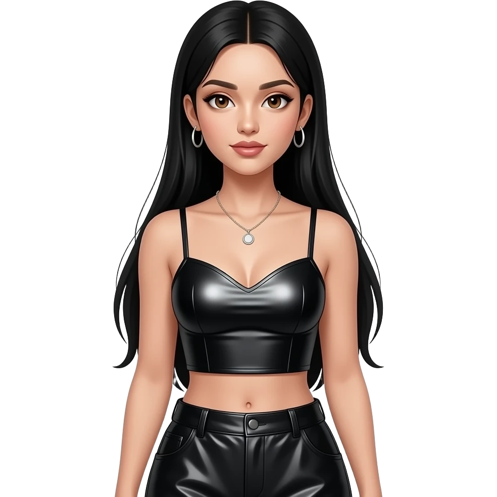 Cher with brown eyes, long black straight hair, black metallic sweetheart crop top, black metallic baggy pants, necklace and earrings emoji