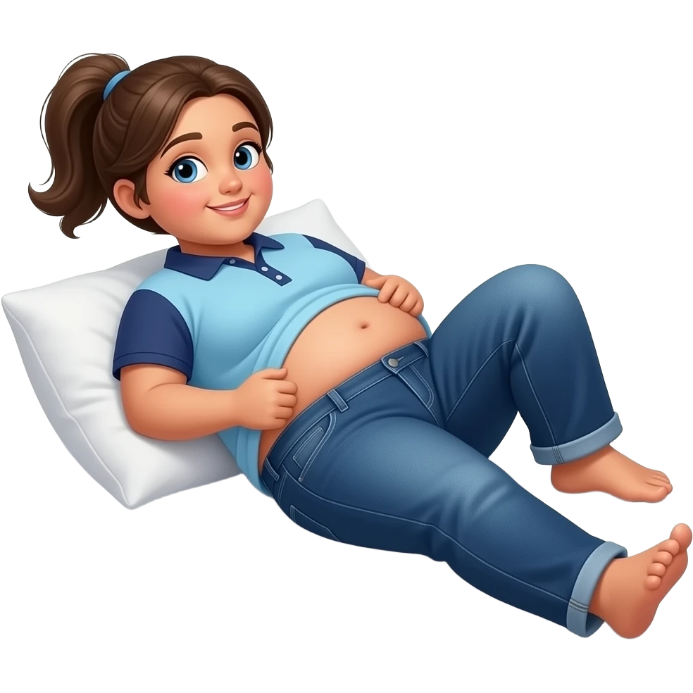 Obese Hispanic girl with brown ponytail and blue eyes plain light blue dark blue polo and dark blue baggy jeans and belly button laying down on her pillow on her bed showing her feet lifting her shirt all the way up rolling her belly emoji