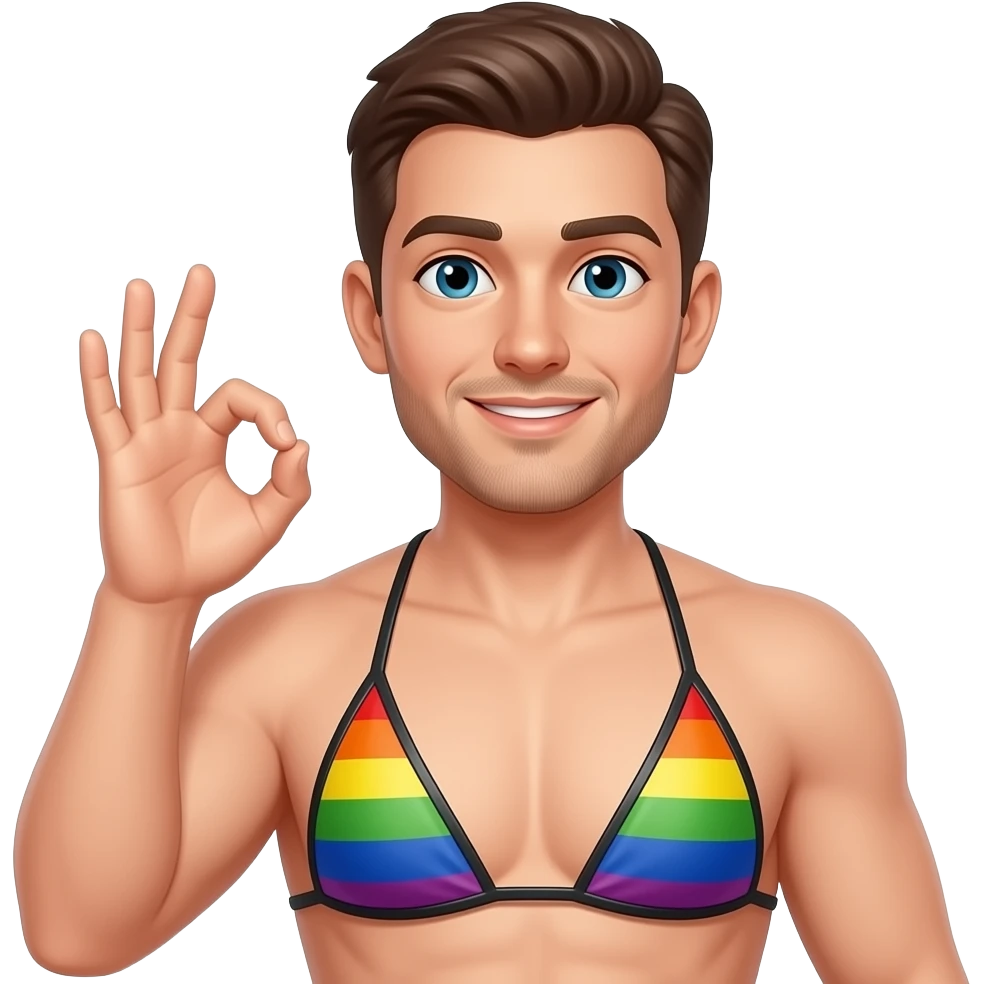 Gay dude in leather bikini rainbow fingering an ok hand sign emoji
