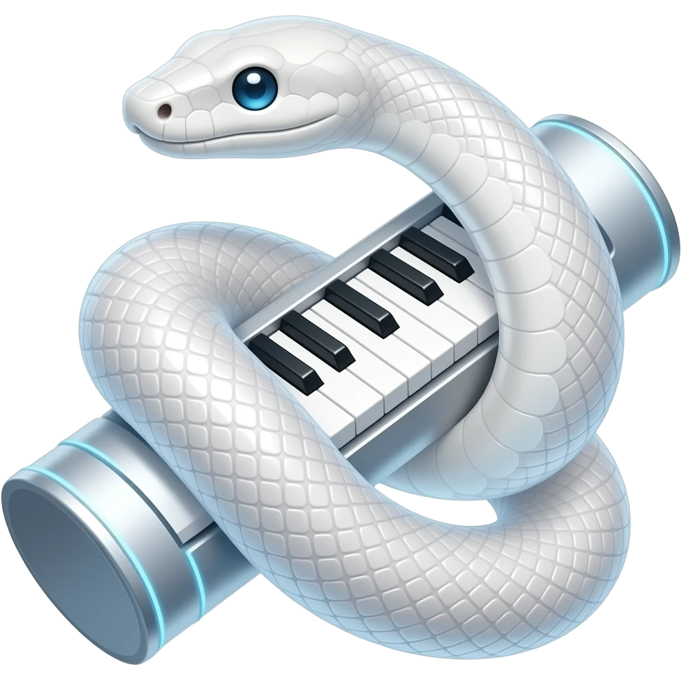 albino boa constrictor wrapped around futuristic tubular musical keyboards emoji