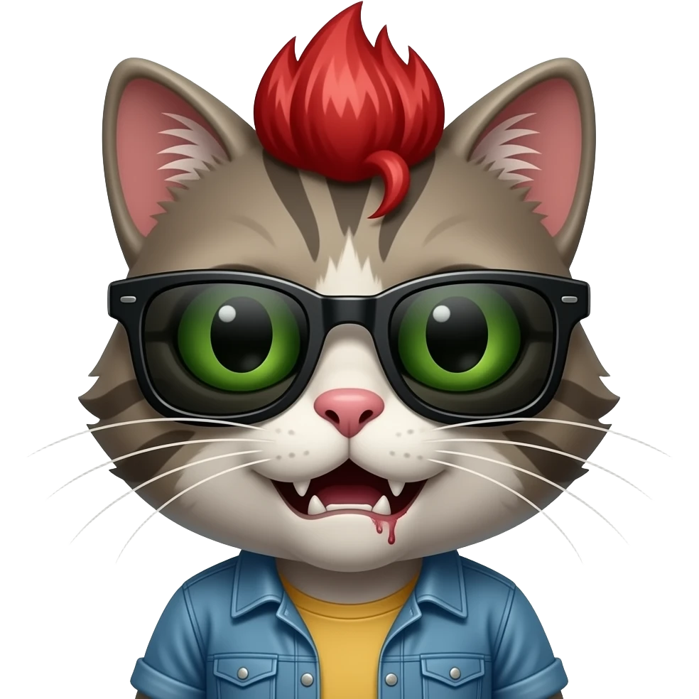 Zombie cat with sun glasses and Red colour hairstyle face emoji