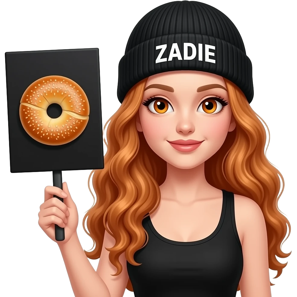 sexy girl with overlong wavy ginger hair and ginger eyes wearing a black tanktop and a black beanie with ZADIE written on it, is holding a black sign with 🥯 on it emoji