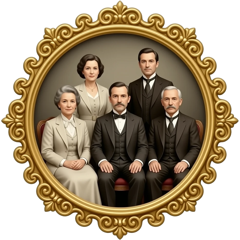 two mothers and two fathers depicted in sitting poses as in daguerreotypes posing in vintage bourgeois suits - in daguerreotype brooch format emoji