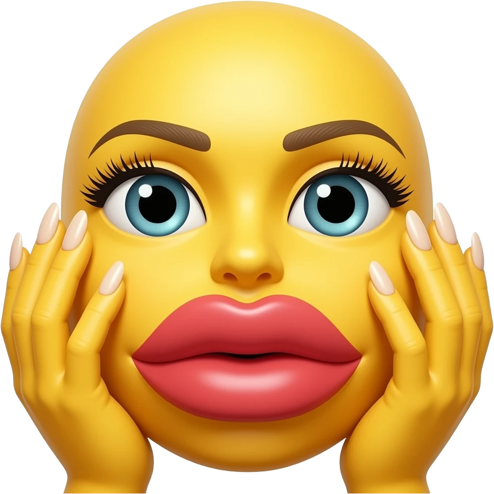 Make an yellow emoji with big libs and long nails with eyelashes emoji