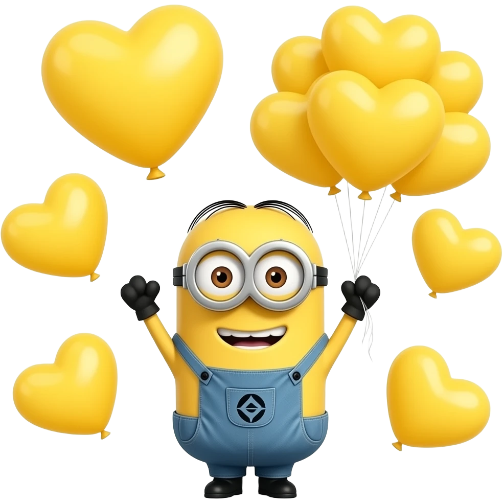 Minion con muchos globos de corazones amarillos volando emoji