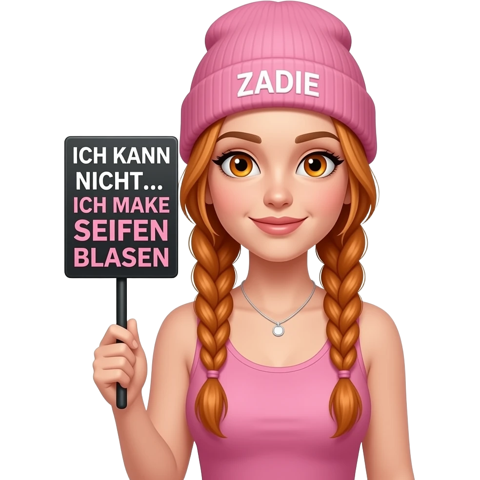 sexy girl with overlong ginger braids and ginger eyes wearing a pink tanktop and a pink beanie with ZADIE written on it, is holding a black sign with ICH KANN NICHT... ICH MACHE SEIFEN BLASEN written on it emoji