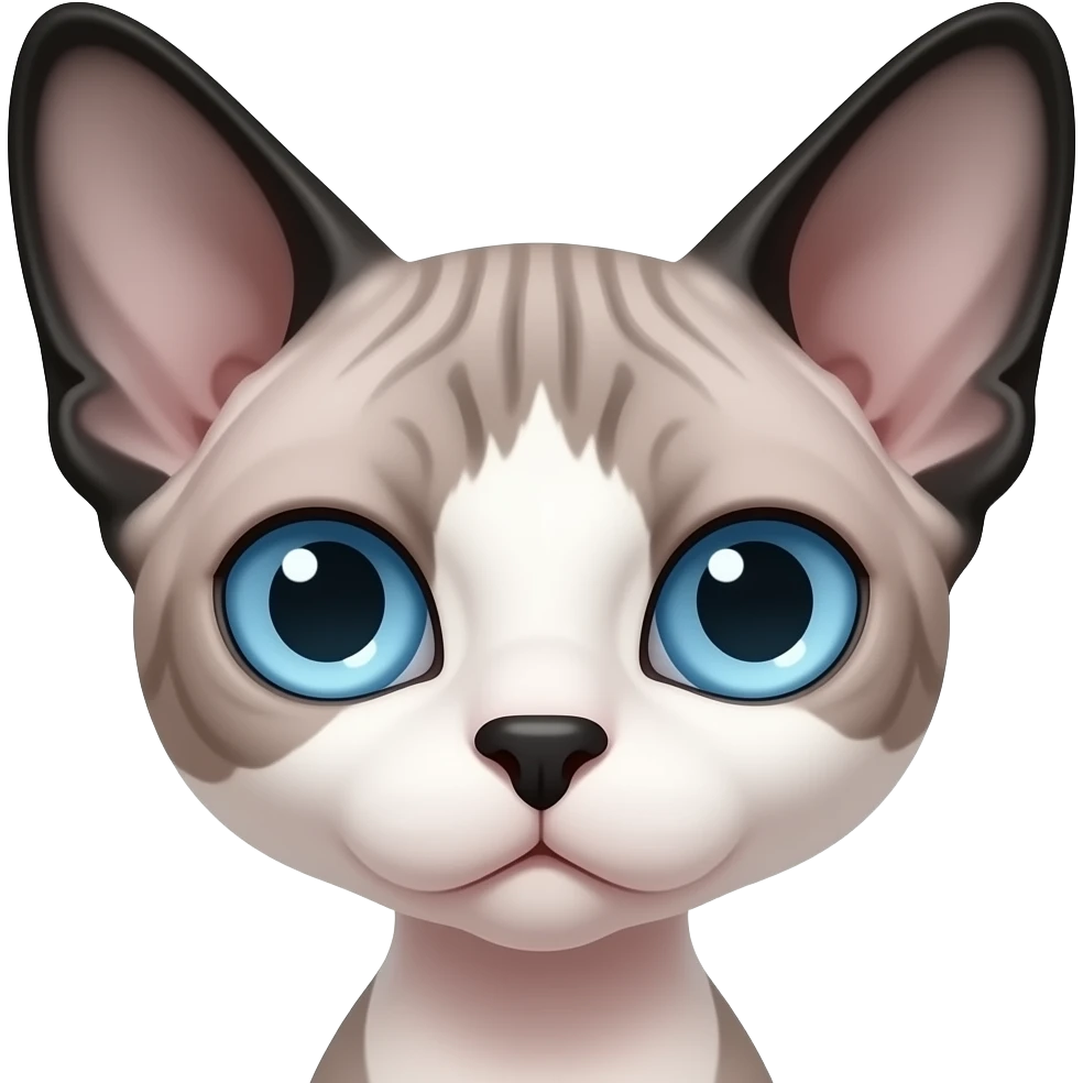 Cute Devon Rex cat face white with black on nose and forehead, black on tops of ears, blue eyes emoji