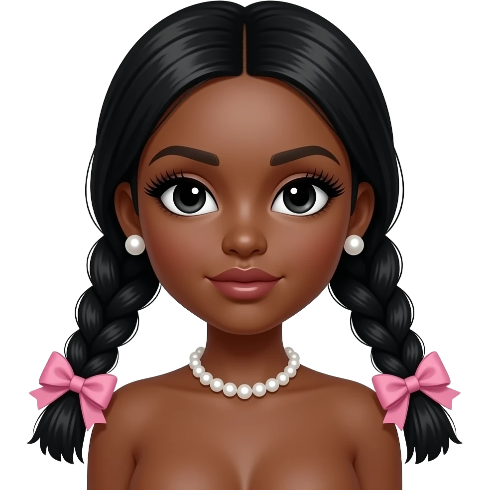 Long giant lashes,Doll faced shaped, pearl necklace, big Pearl earrings studs, bimbo, black doll eyes, barbie, dark brown skin,  black hair with long low braided pink bows,  big breast with no bra emoji