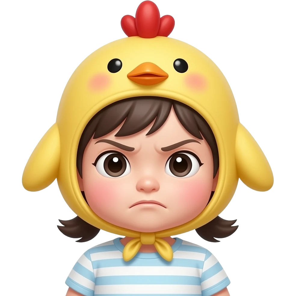 아기얼굴,찡그림, 한국인, 앞머리 있는, 병아리모자 상반신 emoji