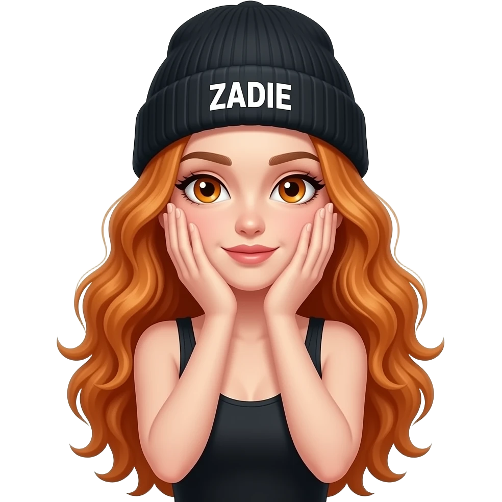 sexy girl with overlong wavy ginger hair and ginger eyes wearing a black tanktop and a black beanie with ZADIE written on it, is covering her face with both hands emoji