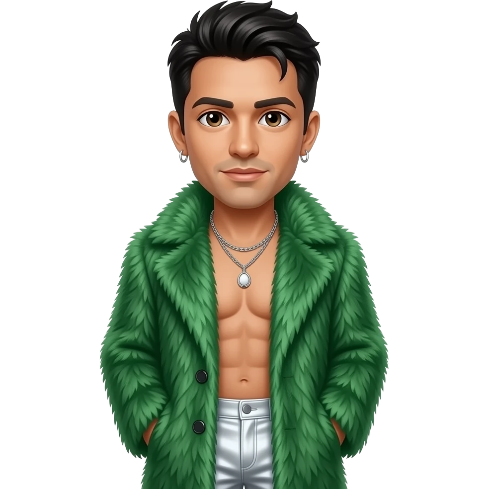 Danny Wood from NKOTB with brown eyes, black hair, green fur coat, white metallic baggy pants, shirtless with necklace and earrings emoji
