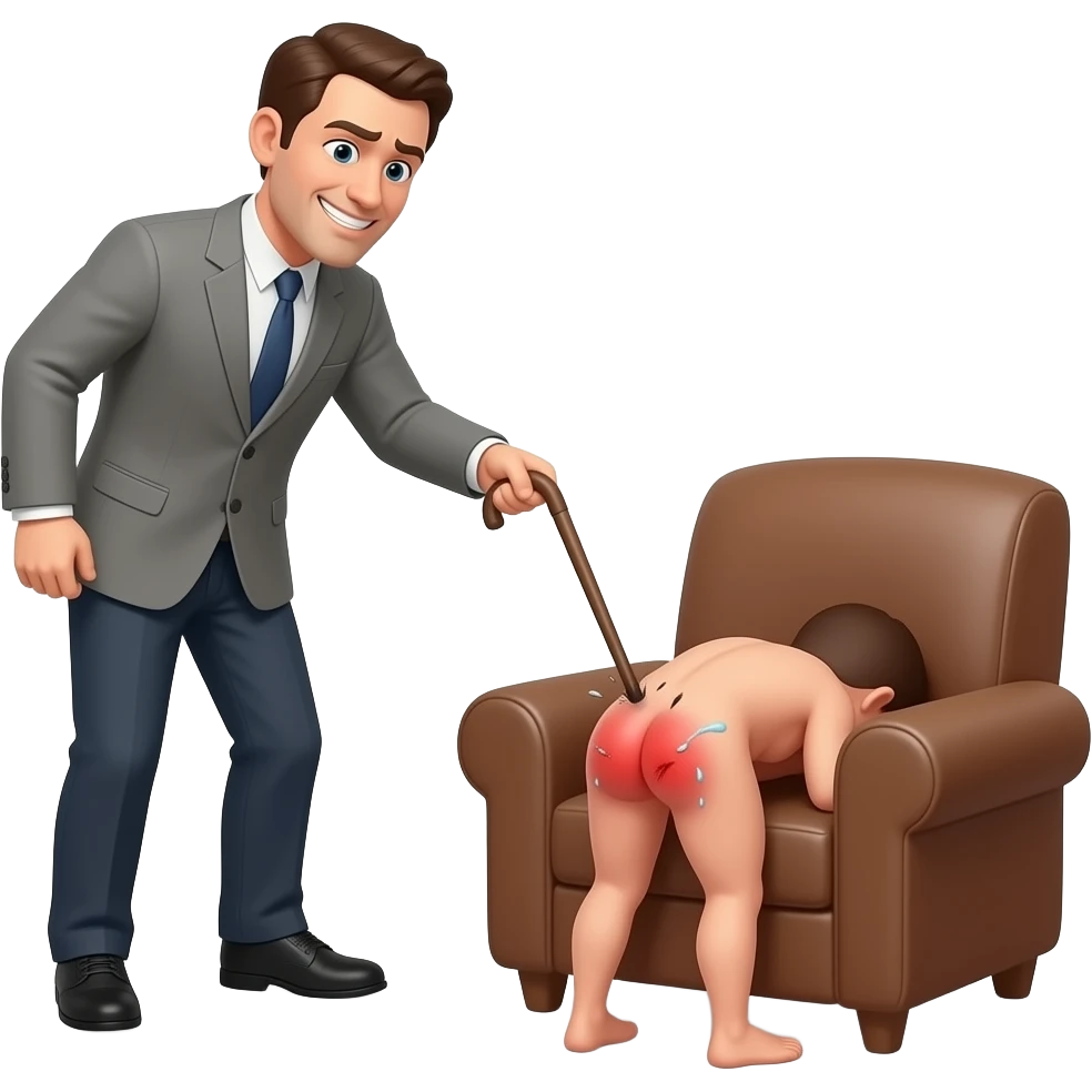 A cruelly smiling clothed man with a thin cane beating the bottom of a small, crying, naked man bending over the back of a brown armchair, his head down on the floor, buttocks up high and his red buttocks very bruised, and emoji