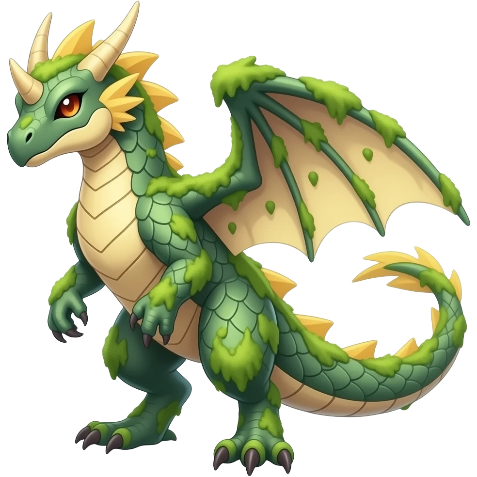 romantic ivy mossy greenish pastel Beige yellowish beautiful gorgeous attractive pretty Raptorik scaley feathery horned Amaura-Wargreymon-Aurorus-ExVeemon-WereGarurumon-Pokémon-Fakémon-hybrid-fusion-creature, full body emoji