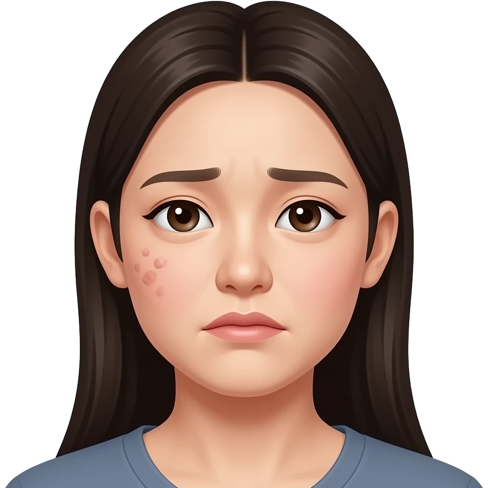 얼굴에 여드름이 난 한국 여자 표정은 울상이다 emoji
