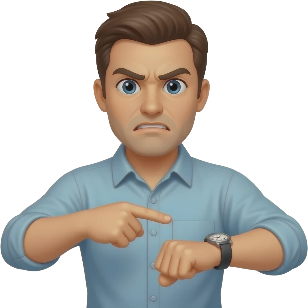 an annoyed man pointing at his wristwatch emoji