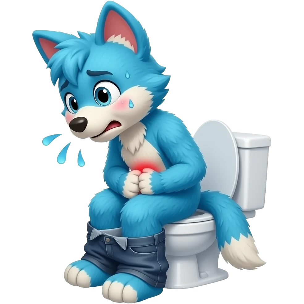 blue fursuit sitting on toilet, side view , pants down, pushing, straining face,  uncomfortable, constipation , sweating, red face emoji