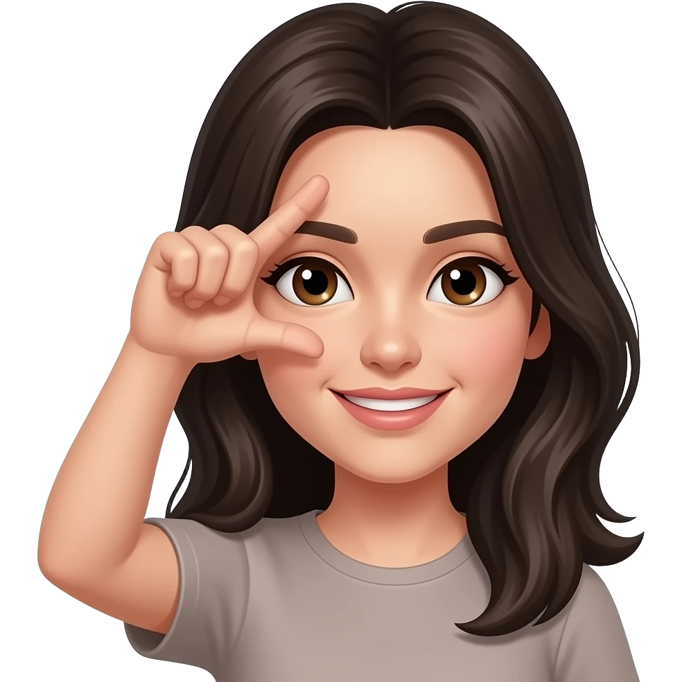woman making L fingers middle forehead with thumb and index finger with long dark hair and brown eyes emoji